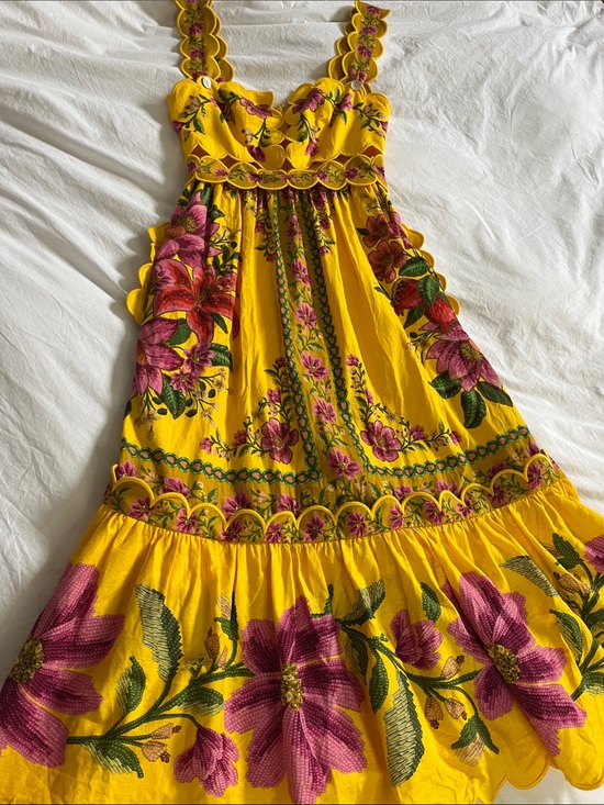 FARM Rio Dresses & Skirts - FARM Rio Yellow Summer Fruit Scarf Midi Dress pink floral cutout eyelet scallop